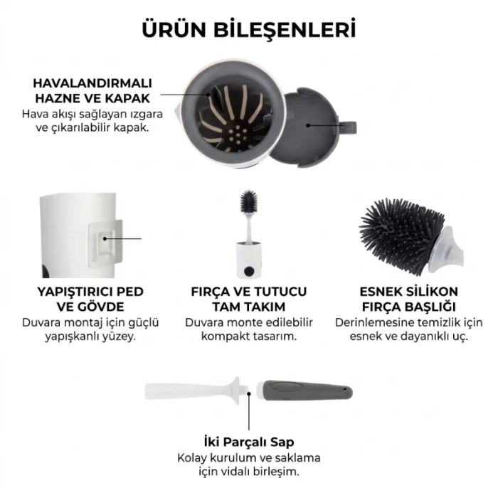 BUĞZ Duvara Monte Tuvalet Fırçası - Deterjan Hazneli - Silikon