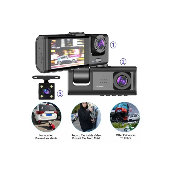  DV300 Yeni 3 Kameralı Araç İçi Kayıt Kamerası Trafik Recorder 2 İnç IPS Ekran Full HD 1080p