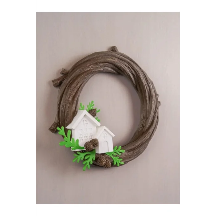 BUĞZ Eco Lounge Kış Köyü Kapı Süsü 21 cm – Ahşap Dal Temalı Yılbaşı Dekoru