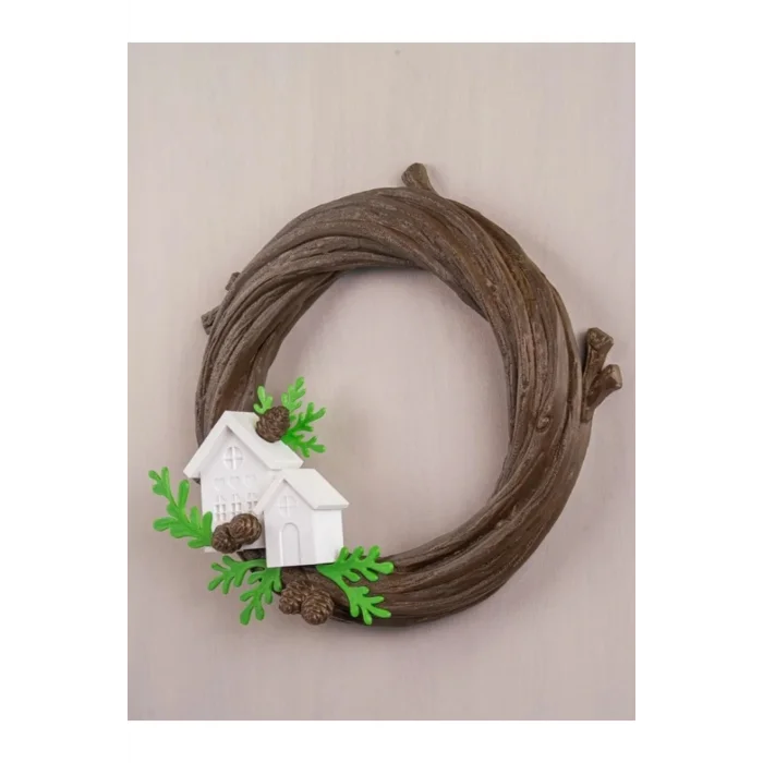 BUĞZ Eco Lounge Kış Köyü Kapı Süsü 21 cm – Ahşap Dal Temalı Yılbaşı Dekoru