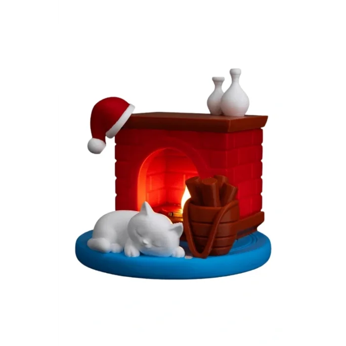 BUĞZ Eco Lounge Şömine Figürü 12 cm – Mum Işığı Dahil Kedi Temalı Yılbaşı Dekoru