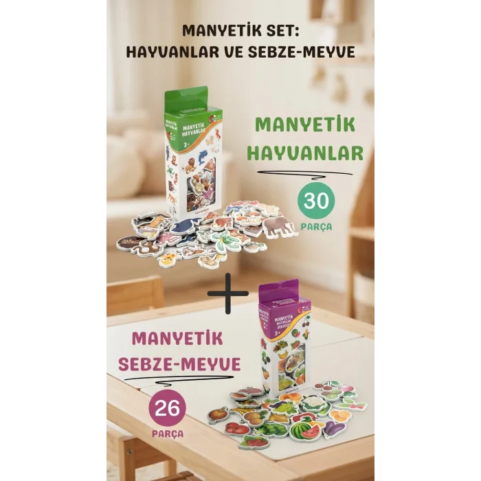 BUĞZ Eğitici Oyuncak Seti Manyetik Hayvanlar ve Sebze Meyveler 56 Parça