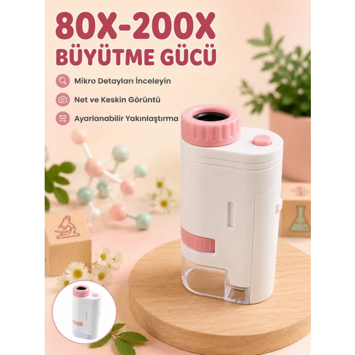 BUĞZ Eğitici Taşınabilir Mikroskop  Ayarlanabilir Focus, LED Işık ve 80X-200X Yakınlaştırma