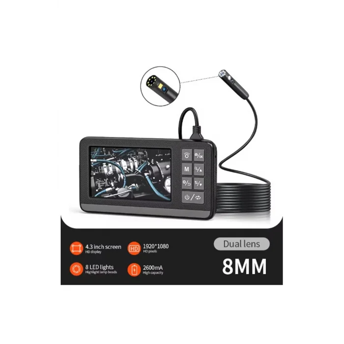BUĞZ Ekranlı Çift Kameralı 10 Mt Sert Kablo Endoskop Kamera 8 Mm 4.3 Inc Hafıza Kart Destekli