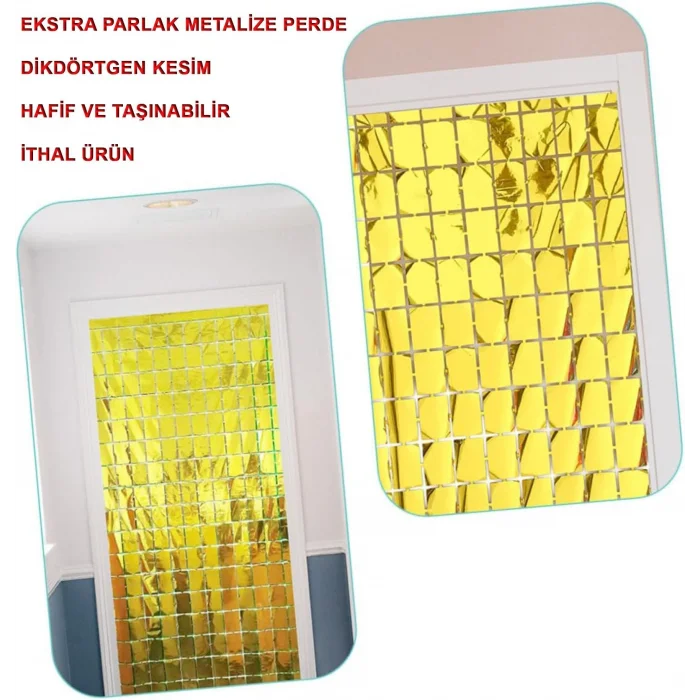 BUĞZ Ekstra Metalize Altın Renk Disko Dikdörtgen Kesim Kapı Perdesi Dekorasyon 1x2 Metre