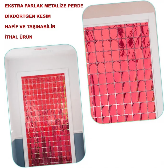 BUĞZ Ekstra Metalize Kırmızı Renk Disko Dikdörtgen Kesim Kapı Perdesi Dekorasyon 1x2 Metre
