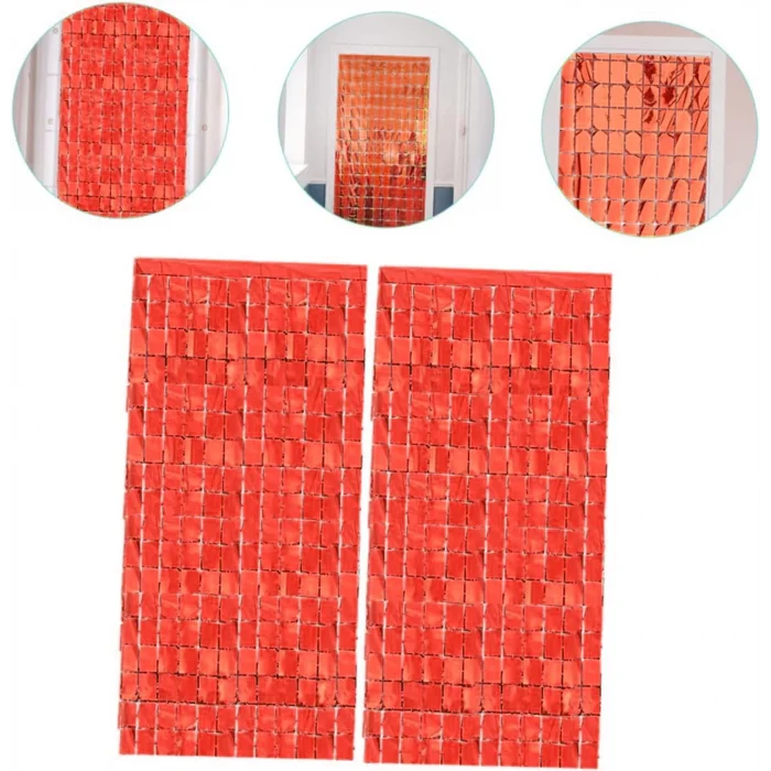  Ekstra Metalize Kırmızı Renk Disko Dikdörtgen Kesim Kapı Perdesi Dekorasyon 1x2 Metre