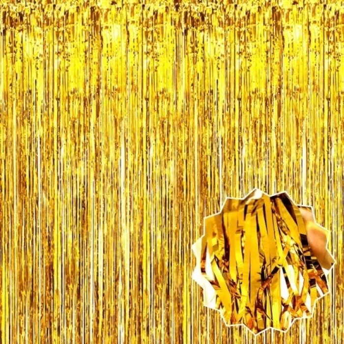  Ekstra Metalize Parlak Saçaklı Arka Fon Perde Gold