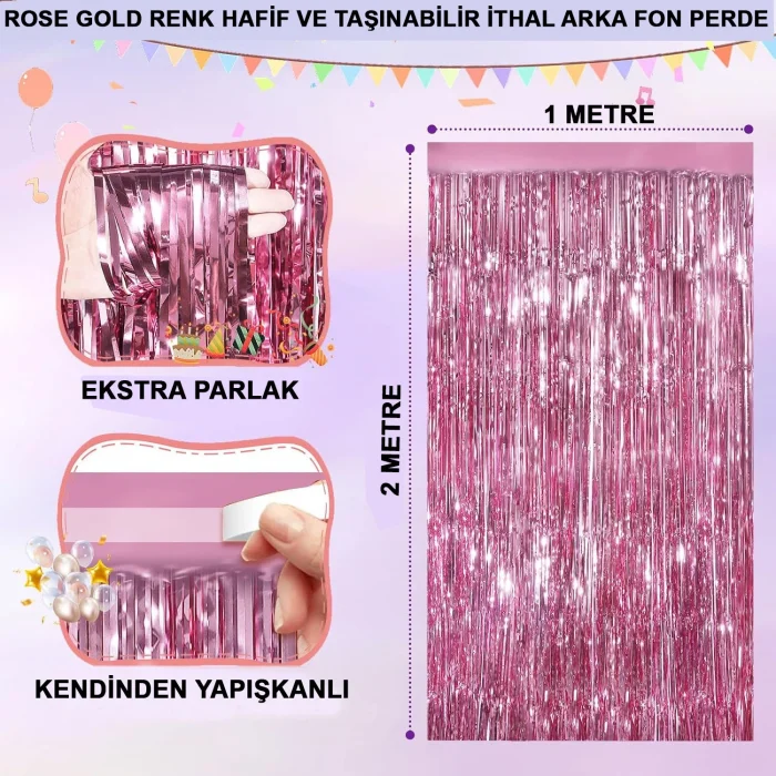 BUĞZ Ekstra Metalize Parlak Saçaklı Arka Fon Perde Rose Gold