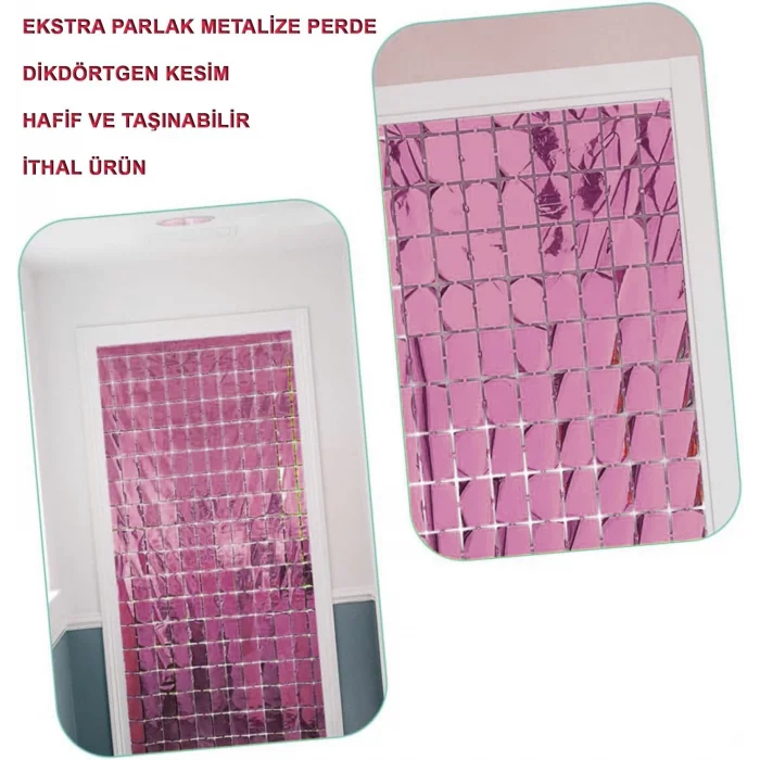 BUĞZ Ekstra Metalize Rose Gold Renk Disko Dikdörtgen Kesim Kapı Perdesi Dekorasyon 1x2 Metre