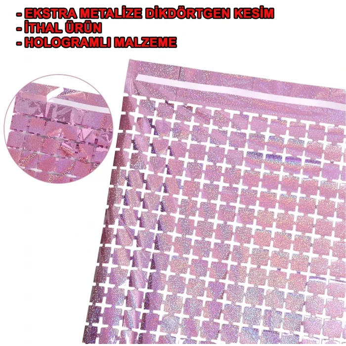 BUĞZ Ekstra Metalize Rose Gold Renk Disko Dikdörtgen Kesim Kapı Perdesi Dekorasyon 1x2 Metre