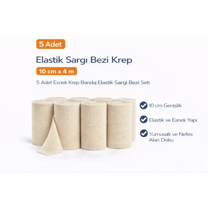 BUĞZ Elastik Sargı Bezi Krep 10 cm x 4 m 5 Adet Esnek Krep Bandaj Elastik Sargı Bezi Seti