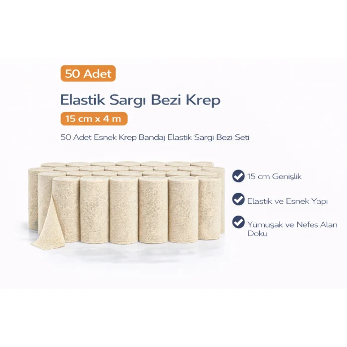 BUĞZ Elastik Sargı Bezi Krep 15 cm x 4 m 50 Adet Esnek Krep Bandaj Elastik Sargı Bezi Seti