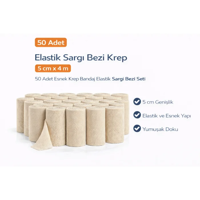 BUĞZ Elastik Sargı Bezi Krep 5 cm x 4 m 50 Adet Esnek Krep Bandaj Elastik Sargı Bezi Seti