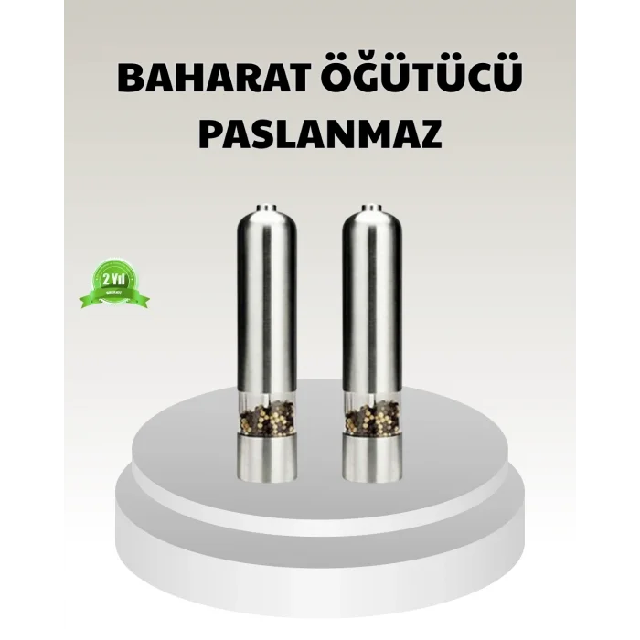 BUĞZ Elektrikli Tuz Karabiber Değirmeni – Çiftli Set, Paslanmaz Gövde, LED Işıklı ve Ayarlanabilir Öğütme
