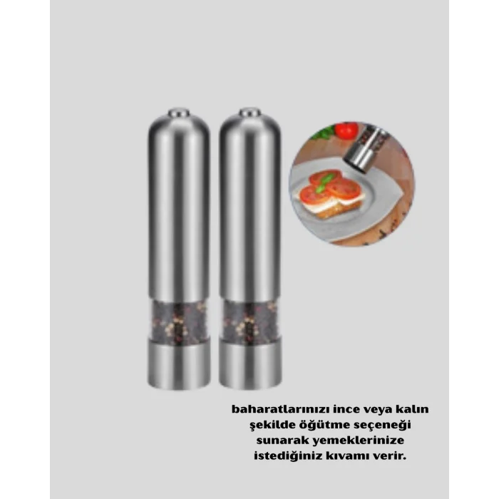 BUĞZ Elektrikli Tuz Karabiber Değirmeni – Çiftli Set, Paslanmaz Gövde, LED Işıklı ve Ayarlanabilir Öğütme