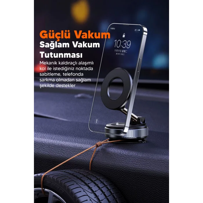 BUĞZ Elektrikli Vakumlu Araç İçi Telefon Tutucu - Güçlü Manyetik MagSafe Uyumlu