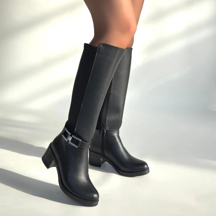 BUĞZ Emrat Siyah Cilt Topuklu Çizme - Lisinya