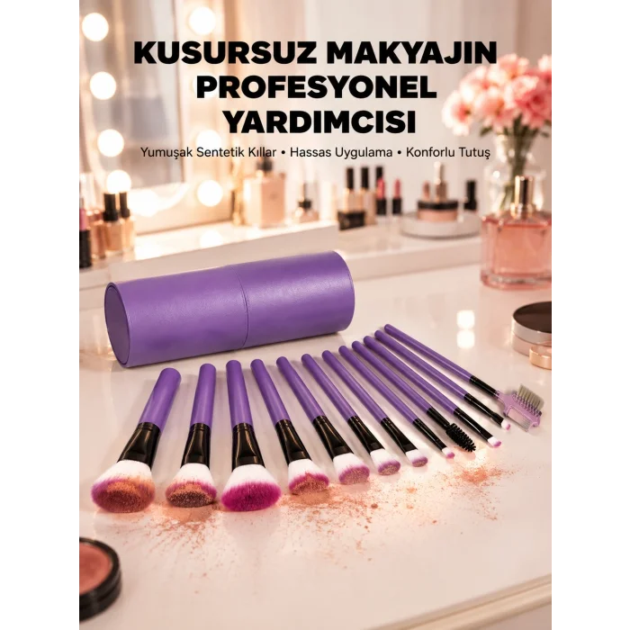 BUĞZ Ergonomik Saplı Fiber Kıllı 12li Makyaj Fırça Takımı Göz ve Ten Makyajı İçin Uygun