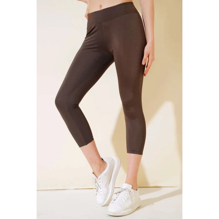 BUĞZ Esnek Yüksek Bel Kahverengi Uzun Parlak Disco Tayt ( BUĞZ )