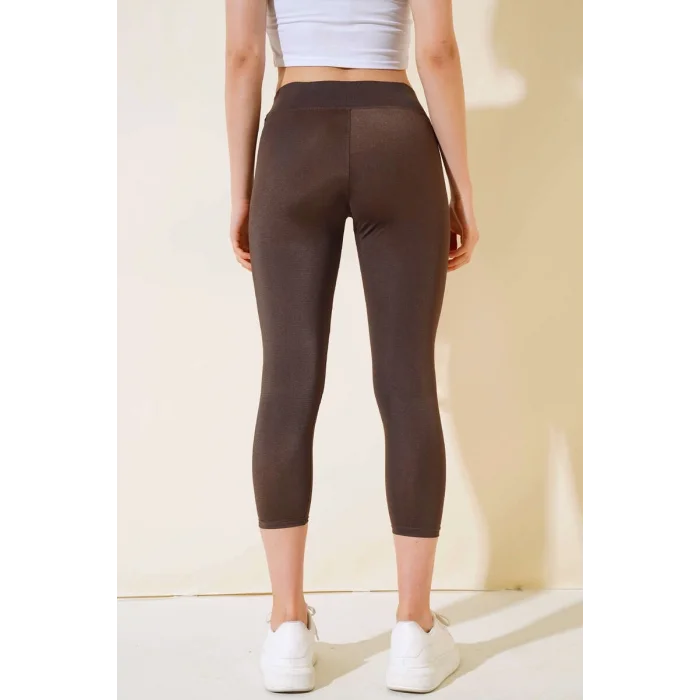 BUĞZ Esnek Yüksek Bel Kahverengi Uzun Parlak Disco Tayt ( BUĞZ )