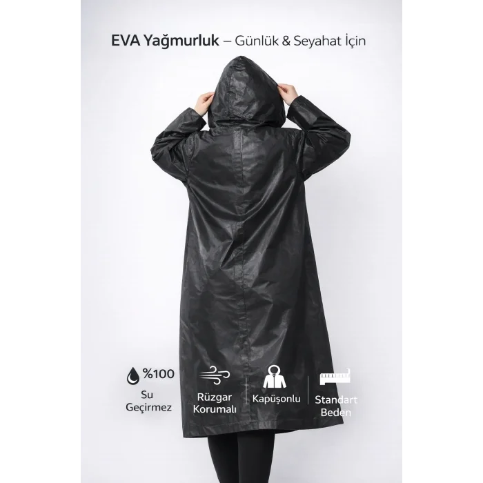 BUĞZ Eva Yağmurluk Kapüşonlu Çıtçıtlı Su ve Rüzgar Geçirmez Standart Beden Pardesü