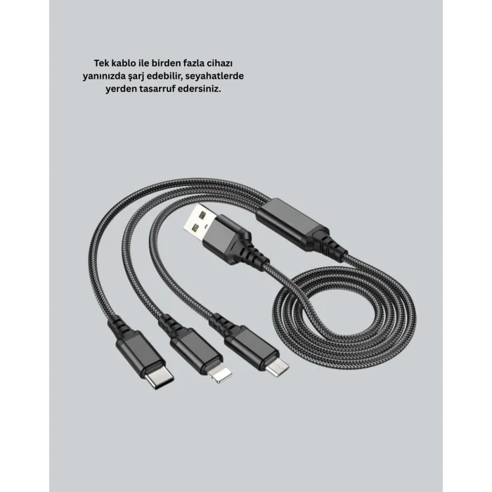 BUĞZ Evrensel 3 Başlıklı Şarj Kablosu – iPhone Huawei Samsung İçin - Lisinya