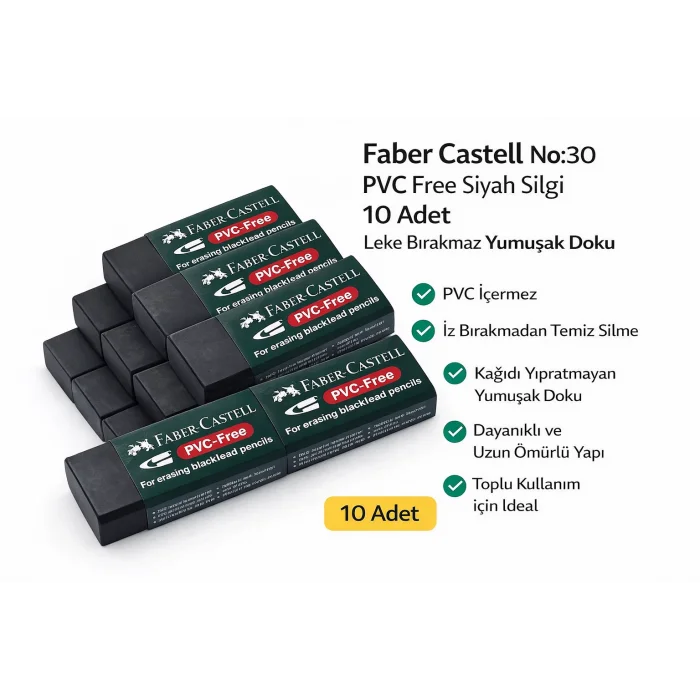 BUĞZ Faber Castell No:30 PVC Free Siyah Silgi 10 Adet Leke Bırakmaz Yumuşak Doku