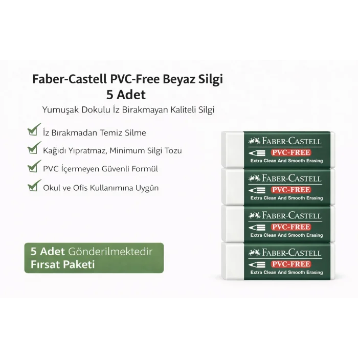 BUĞZ Faber-Castell  No24 PVC Free Beyaz Silgi 5 Adet İz Bırakmayan Yumuşak Dokulu Okul Ofis Silgisi