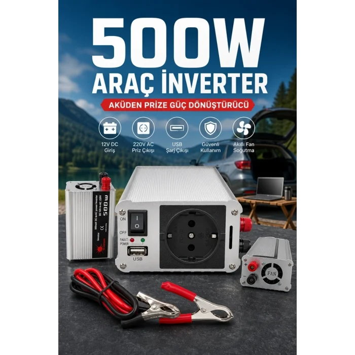 BUĞZ 500W Fanlı Akü İnverteri 12V DC Giriş 220V AC Çıkış USB Portlu Taşınabilir Araç Kullanımı