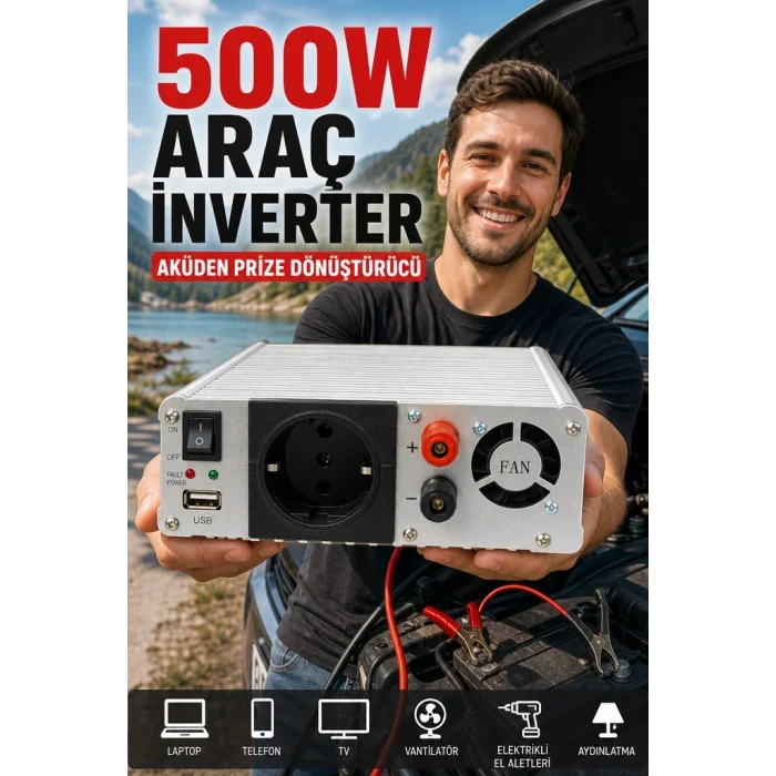 BUĞZ 500W Fanlı Akü İnverteri 12V DC Giriş 220V AC Çıkış USB Portlu Taşınabilir Araç Kullanımı