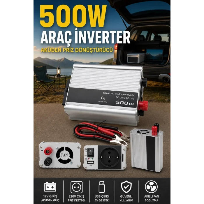 BUĞZ 500W Fanlı Akü İnverteri 12V DC Giriş 220V AC Çıkış USB Portlu Taşınabilir Araç Kullanımı