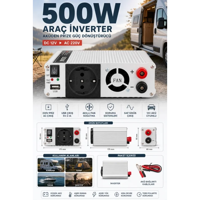 BUĞZ 500W Fanlı Akü İnverteri 12V DC Giriş 220V AC Çıkış USB Portlu Taşınabilir Araç Kullanımı