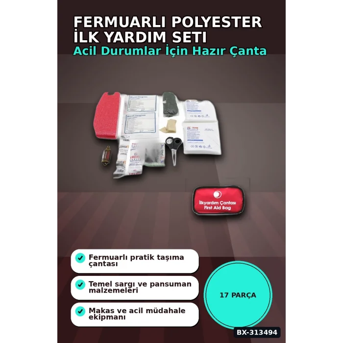 BUĞZ Fermuarlı Polyester Çantalı 17 Parça Acil İlk Yardım Seti Araba Ev Ofis BX-313494