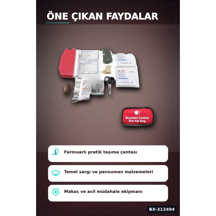 BUĞZ Fermuarlı Polyester Çantalı 17 Parça Acil İlk Yardım Seti Araba Ev Ofis BX-313494