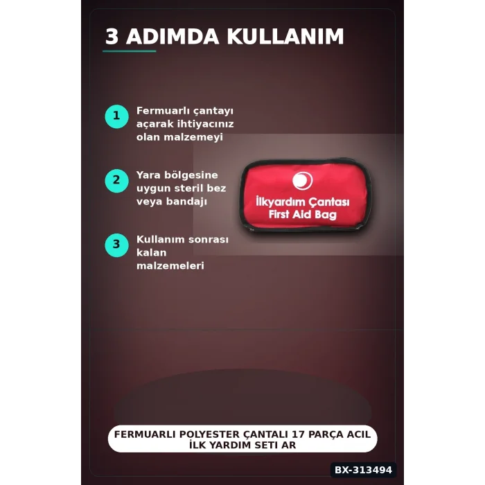BUĞZ Fermuarlı Polyester Çantalı 17 Parça Acil İlk Yardım Seti Araba Ev Ofis BX-313494
