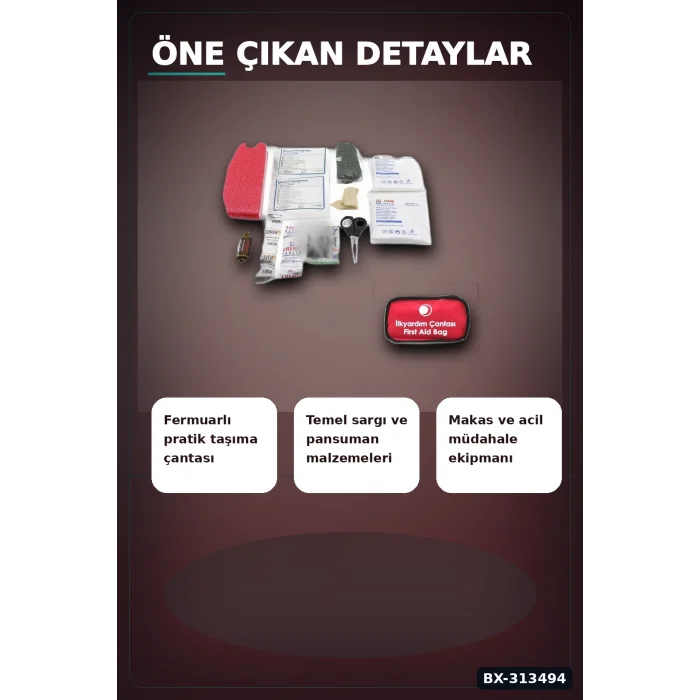 BUĞZ Fermuarlı Polyester Çantalı 17 Parça Acil İlk Yardım Seti Araba Ev Ofis BX-313494