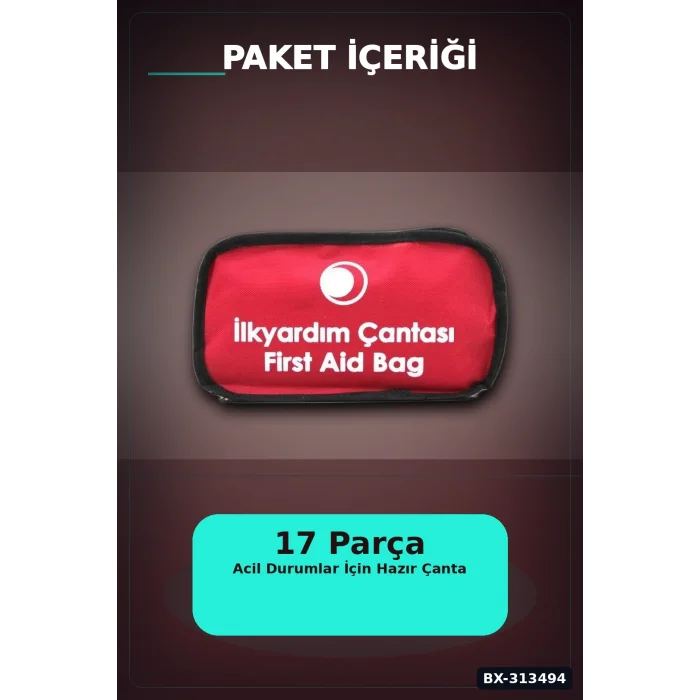 BUĞZ Fermuarlı Polyester Çantalı 17 Parça Acil İlk Yardım Seti Araba Ev Ofis BX-313494