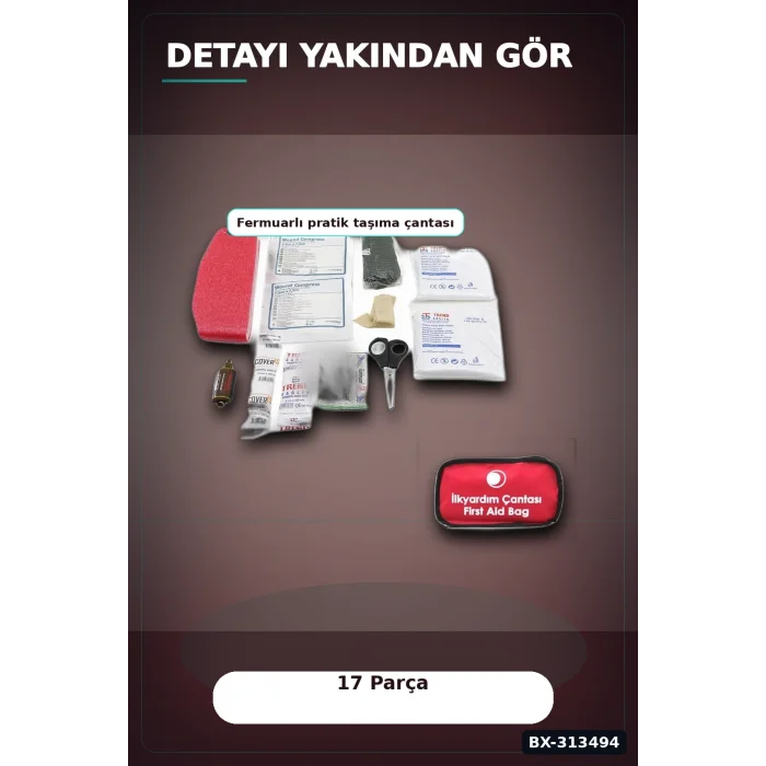 BUĞZ Fermuarlı Polyester Çantalı 17 Parça Acil İlk Yardım Seti Araba Ev Ofis BX-313494