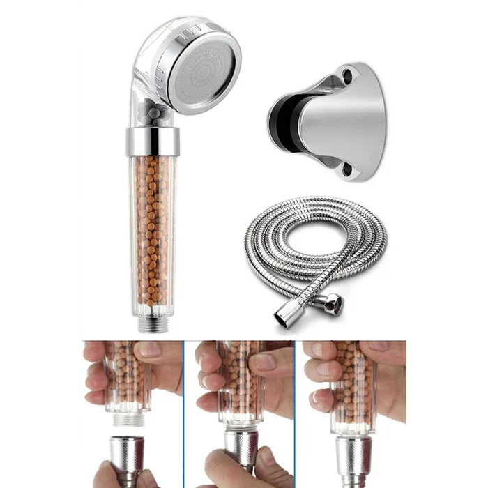 BUĞZ Filtreli Ve Su Tasarruflu Arıtmalı Duş Başlığı Seti Boncuklu Başlık Hortum Ve Mafsal Set