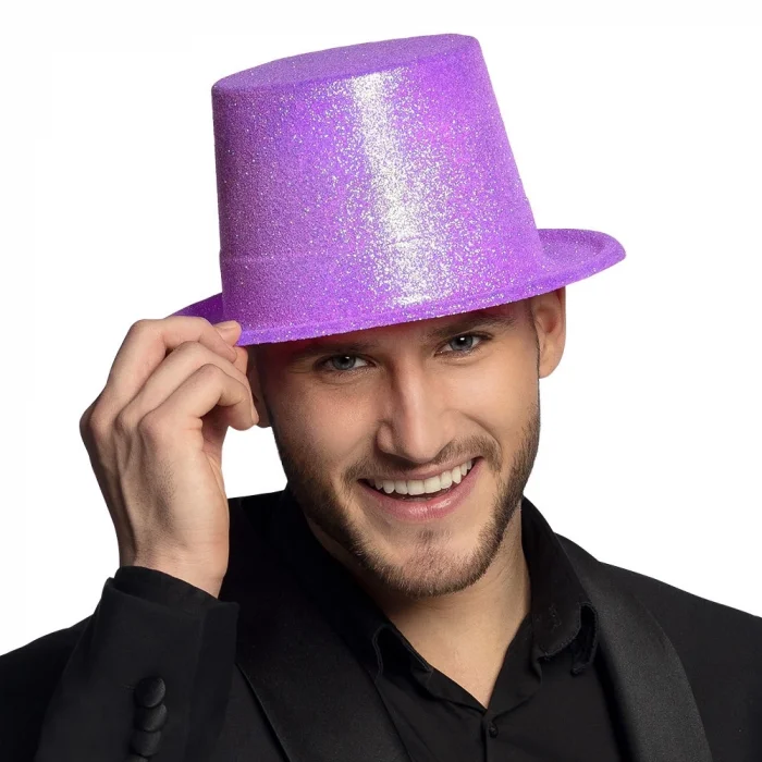  Floresan Mor Renk Simli Uzun Fötr Melon Şapka 12 cm