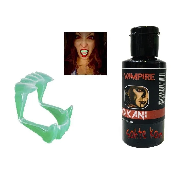 BUĞZ Fosforlu Çift Damak Takma Vampir Dişi Ve 50 Gr Tiyatro Kanı