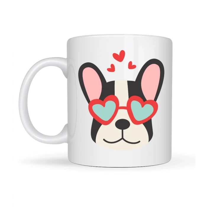 BUĞZ French Bulldog Desenli Kalpli Gözlüklü Porselen Kupa Model 50 – Sevimli Köpek Tasarımlı Kahve Kupası