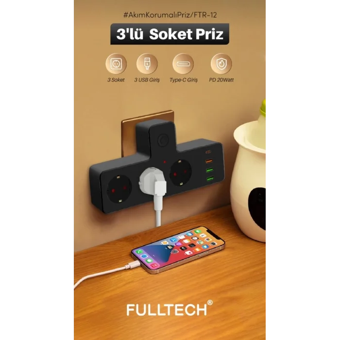 BUĞZ Ftr-12 Termal Akım Korumalı Isıya Dayanıklı 3’lü Priz 3x Usb 1x Type-c
