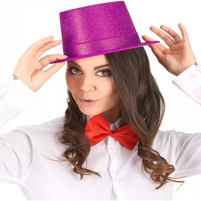 BUĞZ Fuşya Pembe Renk Parıltılı Simli Fötr Silindir Parti Şapkası