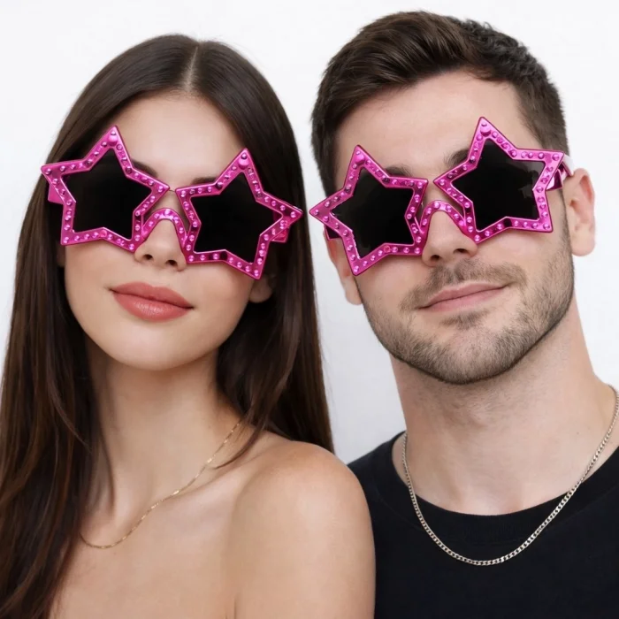 BUĞZ Fuşya Renk Disko Yıldızı Retro Parti Gözlüğü 16x7 Cm