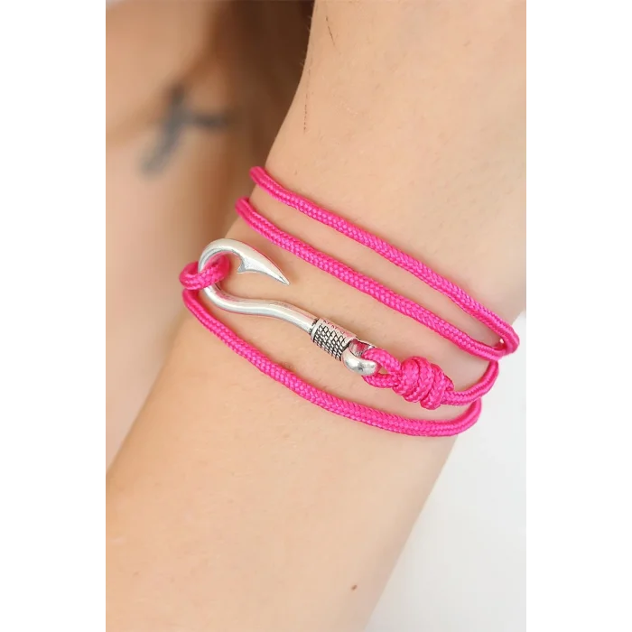 BUĞZ Fuşya Renk Gümüş Metal Kancalı Bayan Çoklu Bileklik - Lisinya