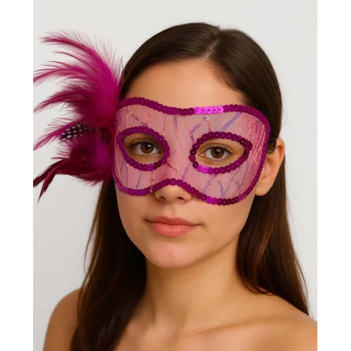 BUĞZ Fuşya Renk Yandan Tüylü Pul Payet İşlemeli Parti Maskesi 23x12 Cm