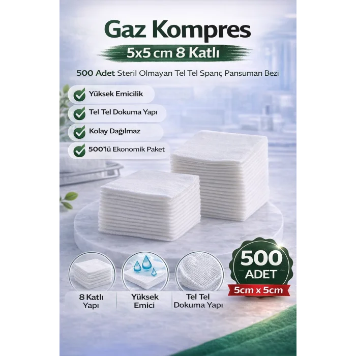 BUĞZ Gaz Kompres 5x5 cm 8 Katlı 500 Adet Steril Olmayan Tel Tel Spanç Pansuman Bezi