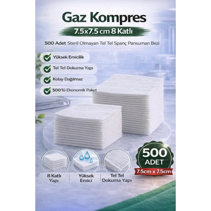 BUĞZ Gaz Kompres 7,5x7,5 cm 8 Katlı 500 Adet Steril Olmayan Tel Tel Spanç Pansuman Bezi